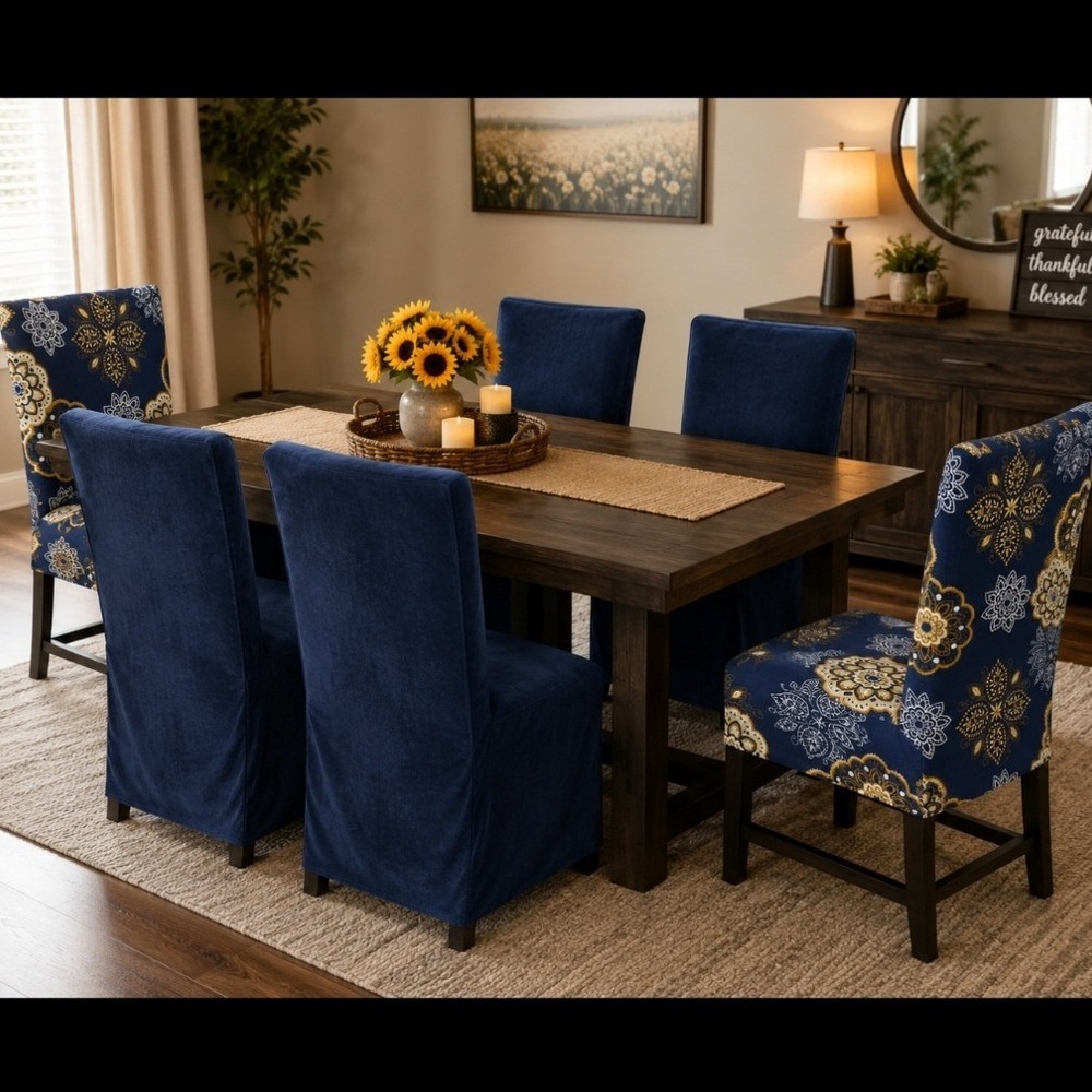 H.VERSAILTEX Navy Gold Mandala Velvet Dining Chair Covers 6 Pack USHVYHYT-6Navy